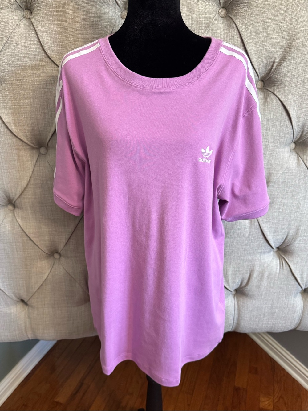 adidas Pink Trefoil Tee with White Shoulder Stripes